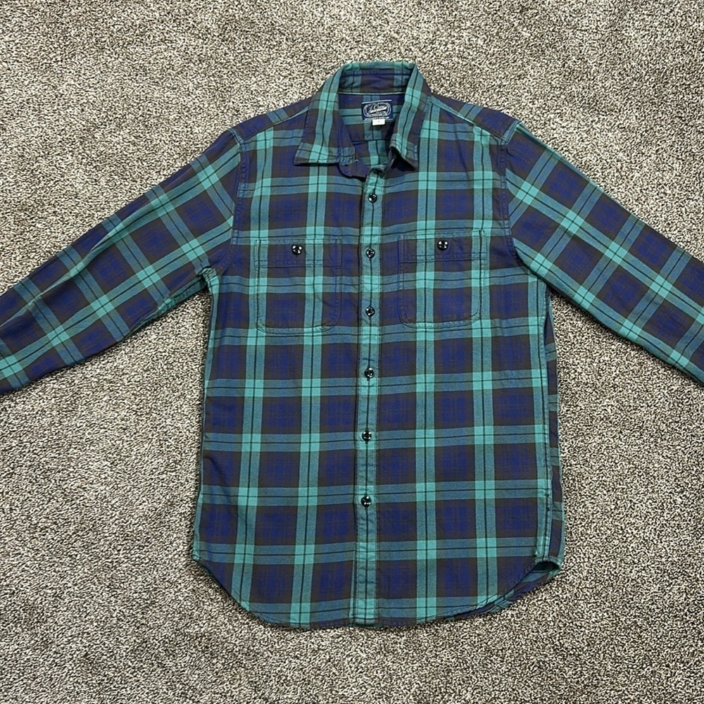 J. Crew flannel teal blue gray as seen in GQ small blackwatch. 100% cotton.